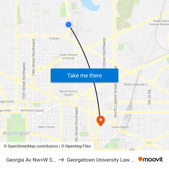 Georgia Av Nw+W St NW to Georgetown University Law Center map