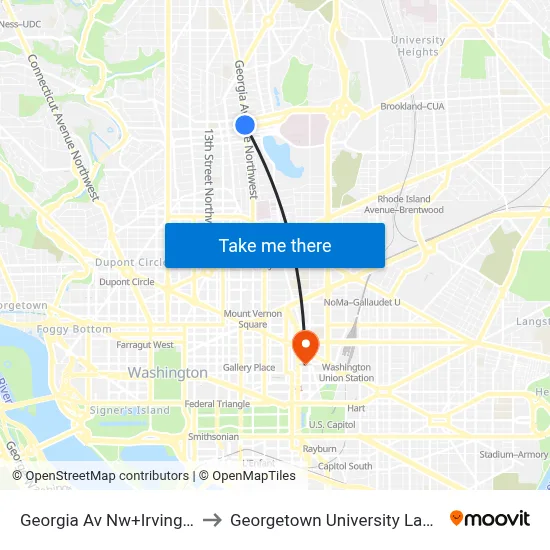 Georgia Av Nw+Irving St NW to Georgetown University Law Center map