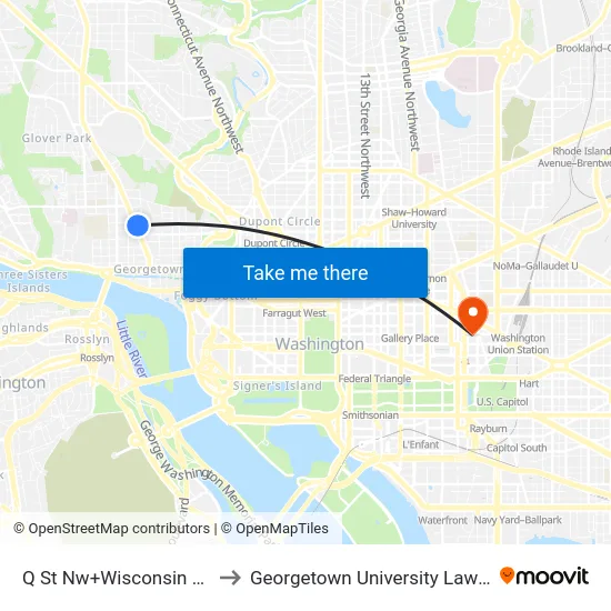 Q St Nw+Wisconsin Av NW to Georgetown University Law Center map