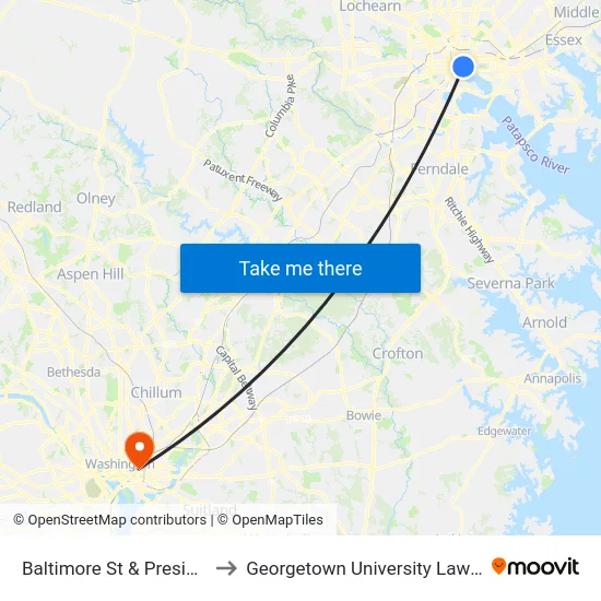 Baltimore St & President St to Georgetown University Law Center map