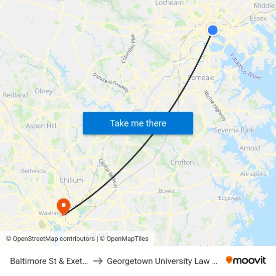 Baltimore St & Exeter St to Georgetown University Law Center map