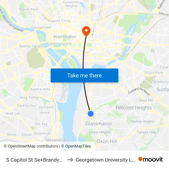 S Capitol St Se+Brandywine St SE to Georgetown University Law Center map