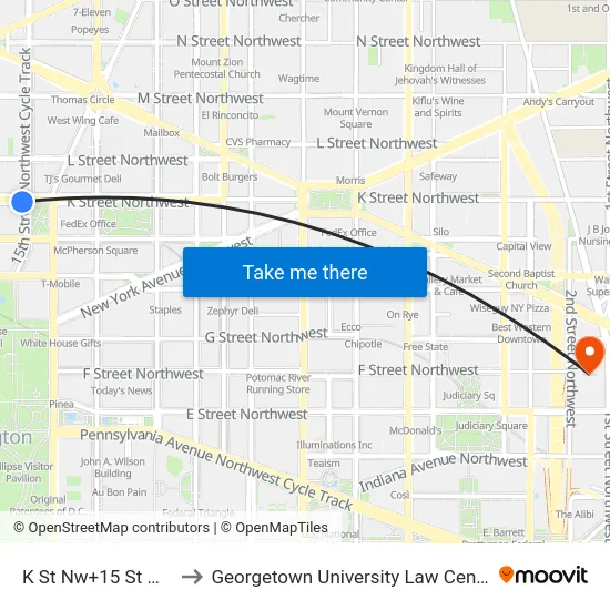 K St Nw+15 St NW to Georgetown University Law Center map