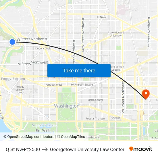 Q St Nw+#2500 to Georgetown University Law Center map