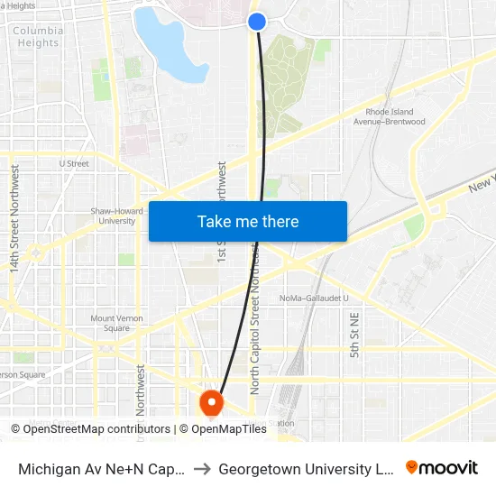 Michigan Av Ne+N Capitol St NE to Georgetown University Law Center map