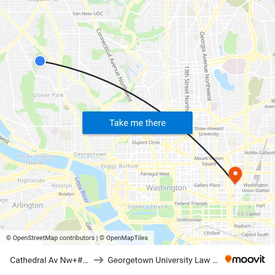 Cathedral Av Nw+#4101 to Georgetown University Law Center map