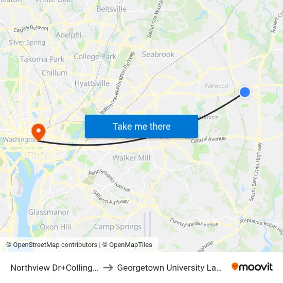 Northview Dr+Collington Rd to Georgetown University Law Center map