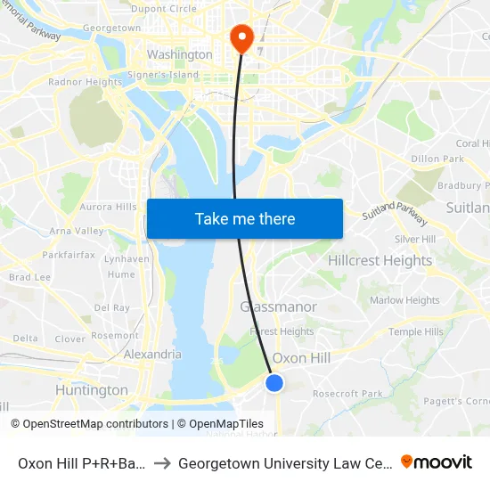 Oxon Hill P+R+Bay A to Georgetown University Law Center map