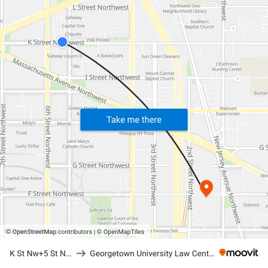 K St Nw+5 St NW to Georgetown University Law Center map