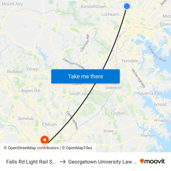 Falls Rd Light Rail Station to Georgetown University Law Center map