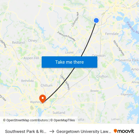 Southwest Park & Ride Lot to Georgetown University Law Center map