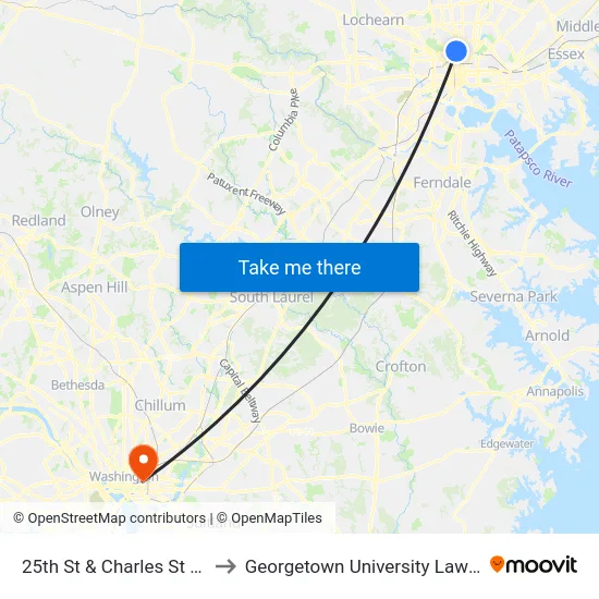 25th St & Charles St Wb FS to Georgetown University Law Center map