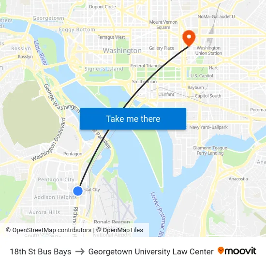 18th St Bus Bays to Georgetown University Law Center map