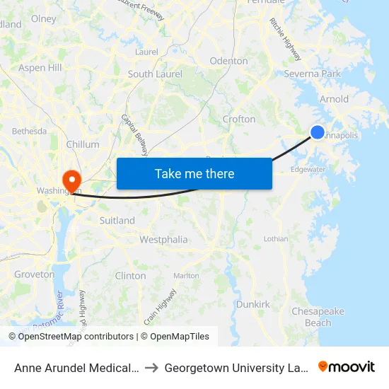 Anne Arundel Medical Center to Georgetown University Law Center map