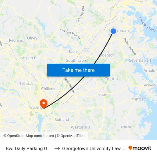 Bwi Daily Parking Garage to Georgetown University Law Center map