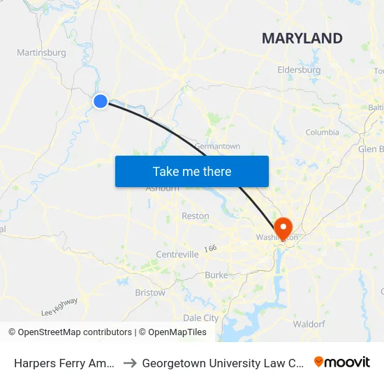 Harpers Ferry Amtrak to Georgetown University Law Center map