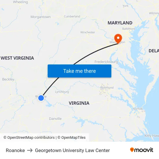 Roanoke to Georgetown University Law Center map