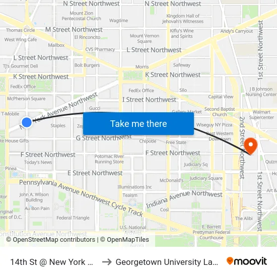 14th St @ New York Ave NW to Georgetown University Law Center map