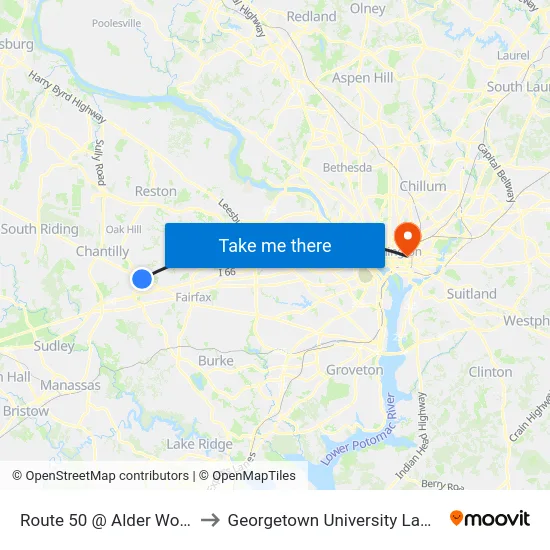 Route 50 @ Alder Woods Dr to Georgetown University Law Center map