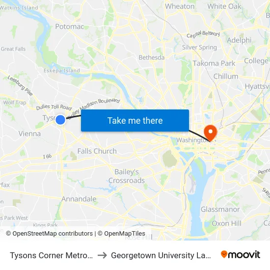Tysons Corner Metro Bay A to Georgetown University Law Center map