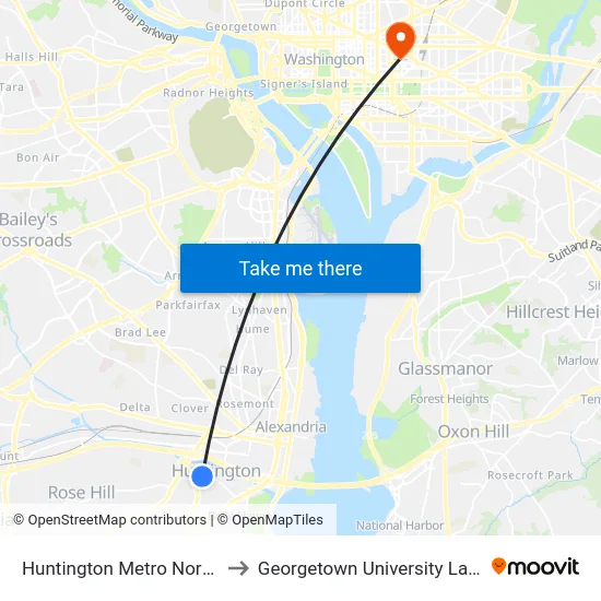 Huntington Metro North Bay A to Georgetown University Law Center map