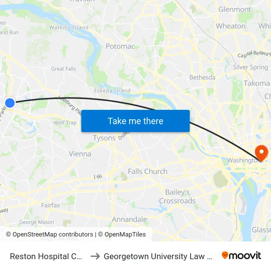 Reston Hospital Center to Georgetown University Law Center map