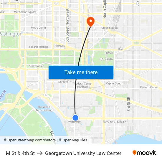 M St & 4th St to Georgetown University Law Center map