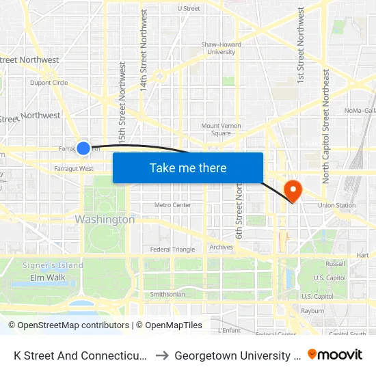 K Street And Connecticut Avenue Nw to Georgetown University Law Center map