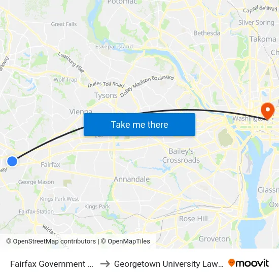 Fairfax Government Center to Georgetown University Law Center map