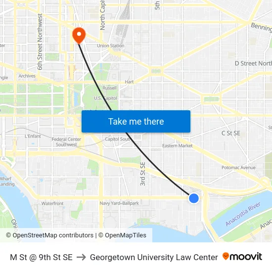 M St @ 9th St SE to Georgetown University Law Center map