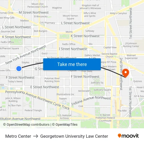 Metro Center to Georgetown University Law Center map