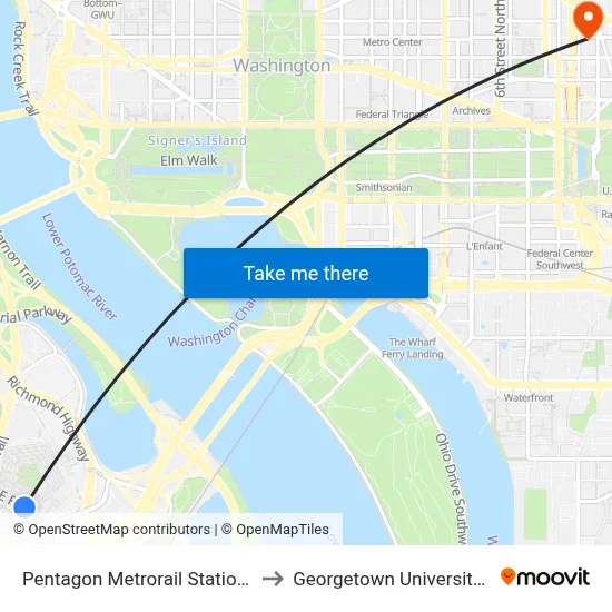 Pentagon Metrorail Station (Bus Bay L7) to Georgetown University Law Center map