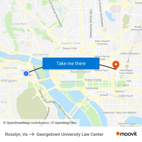 Rosslyn, Va to Georgetown University Law Center map
