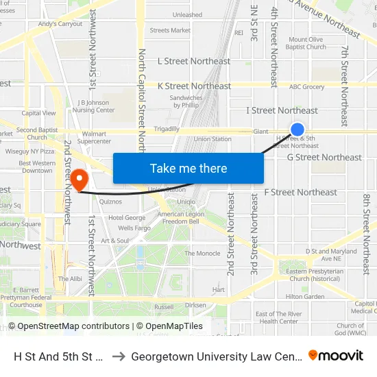 H St And 5th St NE to Georgetown University Law Center map