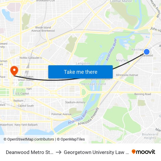 Deanwood Metro Station to Georgetown University Law Center map