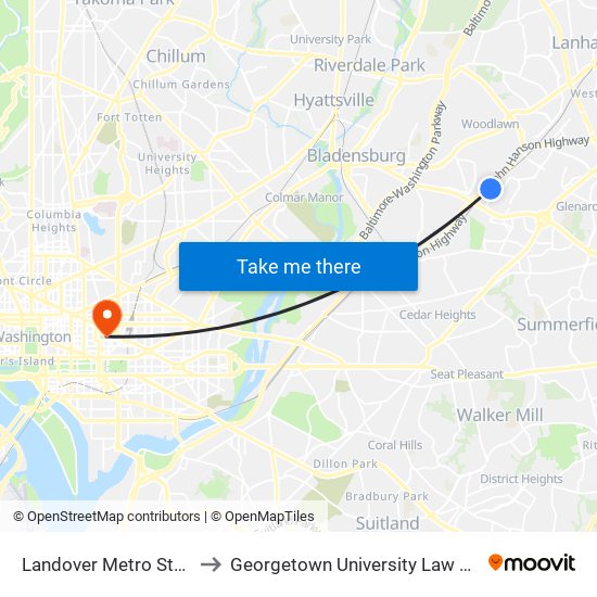 Landover Metro Station to Georgetown University Law Center map