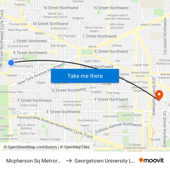 Mcpherson Sq Metrorail Station to Georgetown University Law Center map