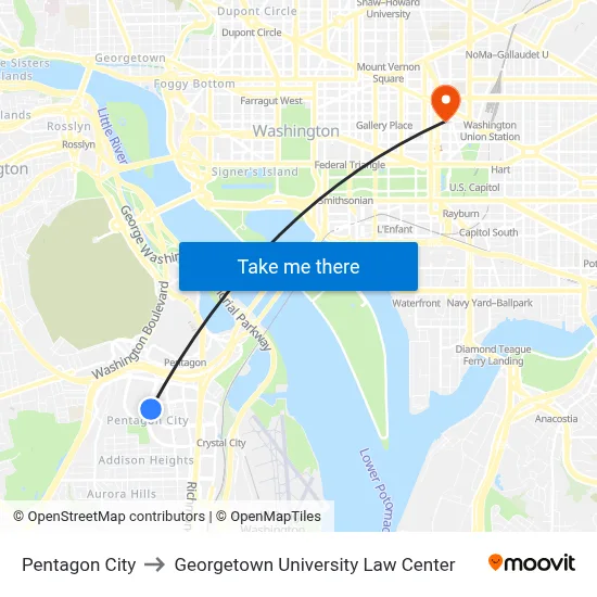 Pentagon City to Georgetown University Law Center map