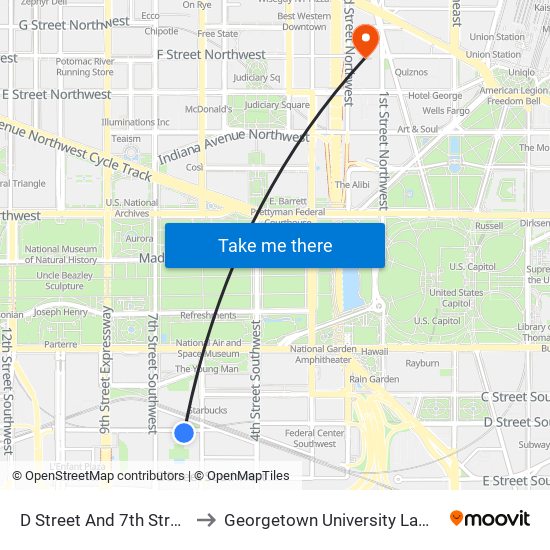 D Street And 7th Street SW to Georgetown University Law Center map