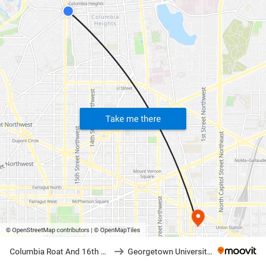 Columbia Roat And 16th Street NW (Wb) to Georgetown University Law Center map