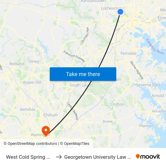 West Cold Spring Metro to Georgetown University Law Center map