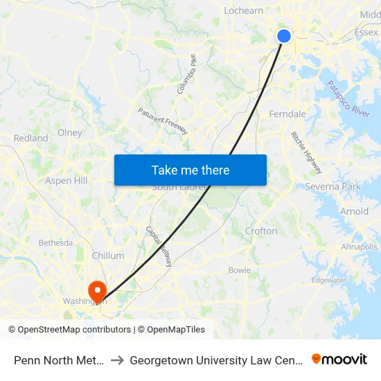 Penn North Metro to Georgetown University Law Center map