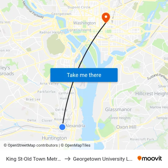 King St-Old Town Metro (Bay F) to Georgetown University Law Center map