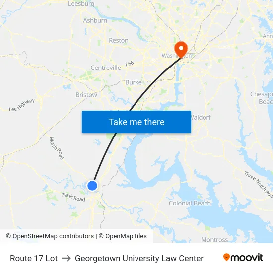 Route 17 Lot to Georgetown University Law Center map