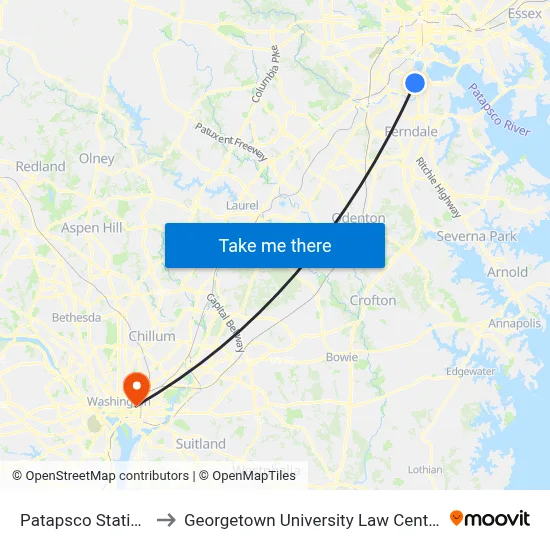 Patapsco Station to Georgetown University Law Center map