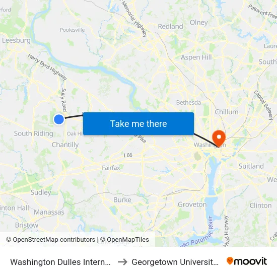 Washington Dulles International Airport to Georgetown University Law Center map