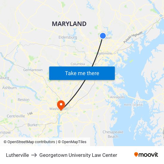 Lutherville to Georgetown University Law Center map