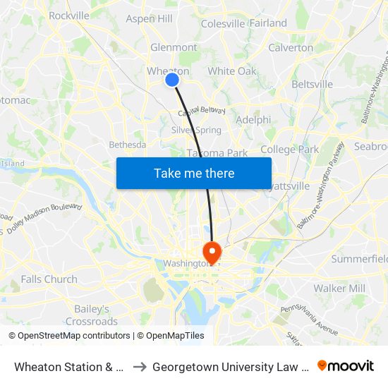 Wheaton Station & Bay J to Georgetown University Law Center map
