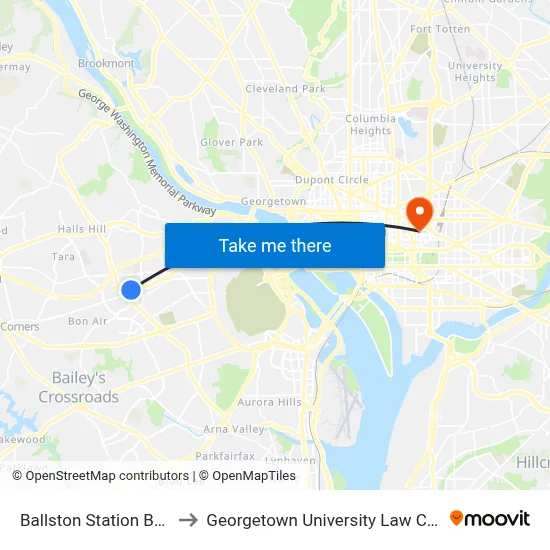 Ballston Station Bay A to Georgetown University Law Center map