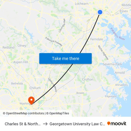 Charles St & North Ave to Georgetown University Law Center map